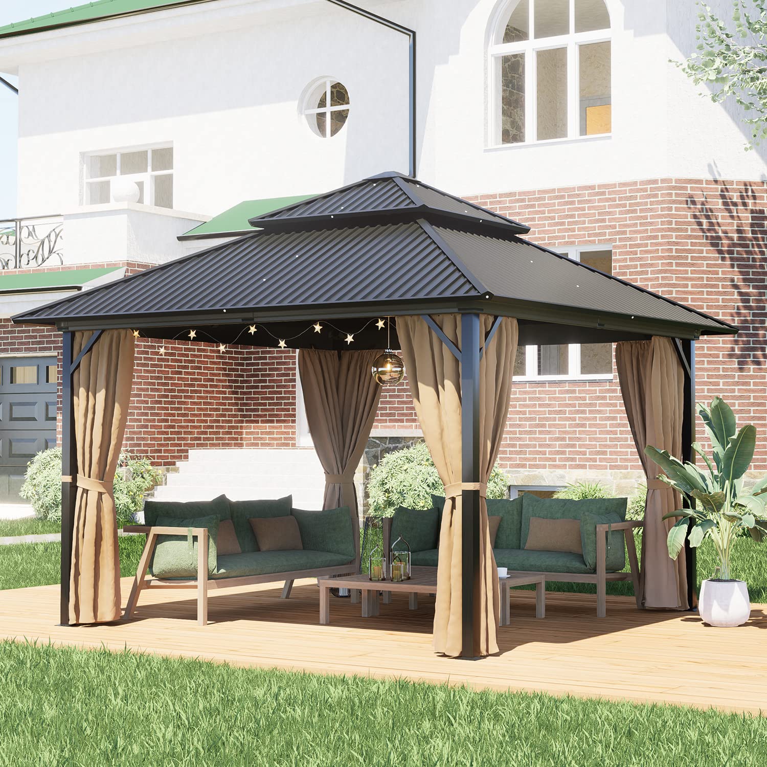 BPS Hardtop Gazebo 12' X 12' Outdoor Tent Shelter Canopy with Netting for Patio, Garden, Yard and Party