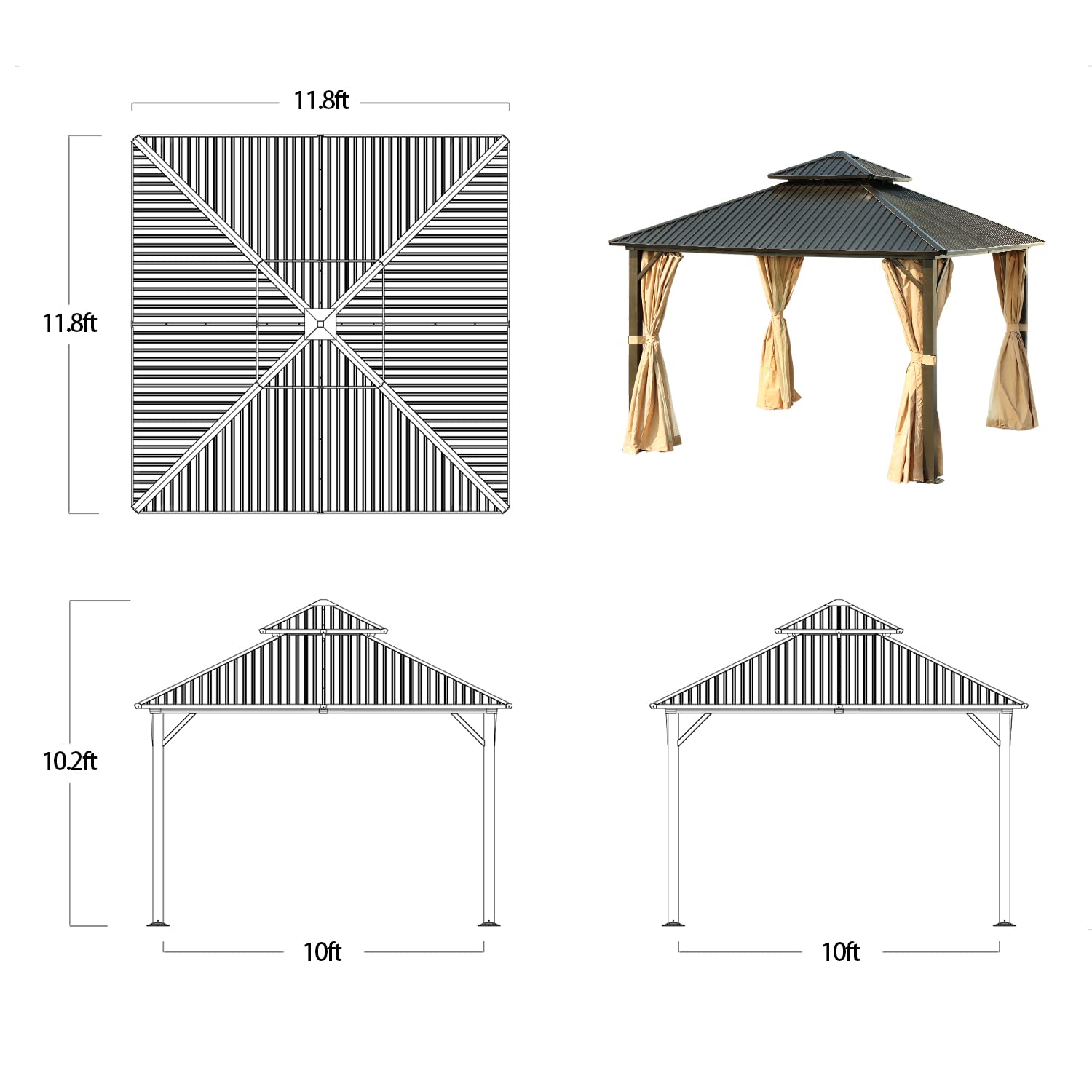 BPS Hardtop Gazebo 12' X 12' Outdoor Tent Shelter Canopy with Netting for Patio, Garden, Yard and Party