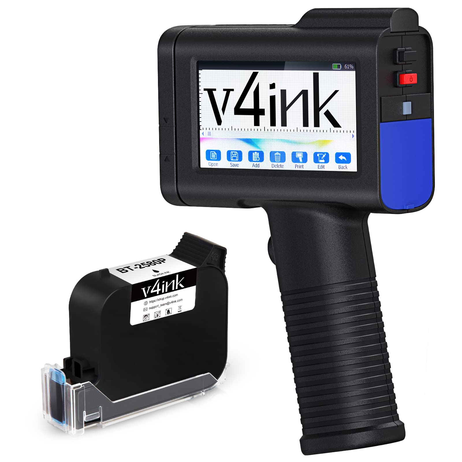 v4ink Portable Handheld Mobile Inkjet Printer BT-HH6105B2 with BT-2580P Solvent Fast Dry Ink Cartridge Bundle use for QR-Code Barcode Date DIY Logo Print on Card Box Ornament Sticker Label