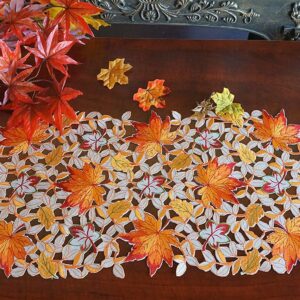 GRANDDECO Thanksgiving Harvest Table Runner Embroidered Cutwork Maple Leaves Dresser Scarf Table Cover Autumn Or Fall Decorations (Table Runner 13"x34")