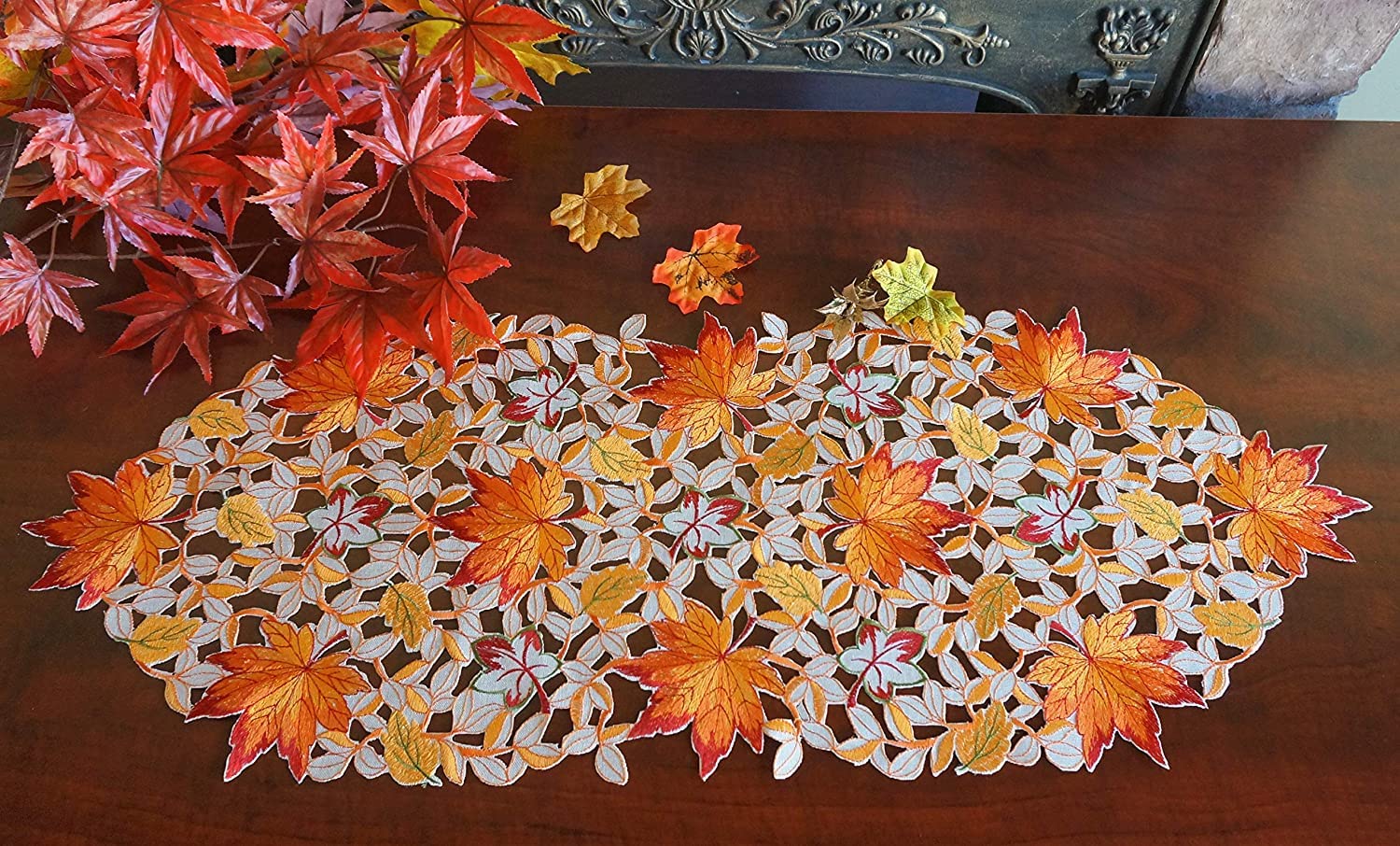 GRANDDECO Thanksgiving Harvest Table Runner Embroidered Cutwork Maple Leaves Dresser Scarf Table Cover Autumn Or Fall Decorations (Table Runner 13"x34")