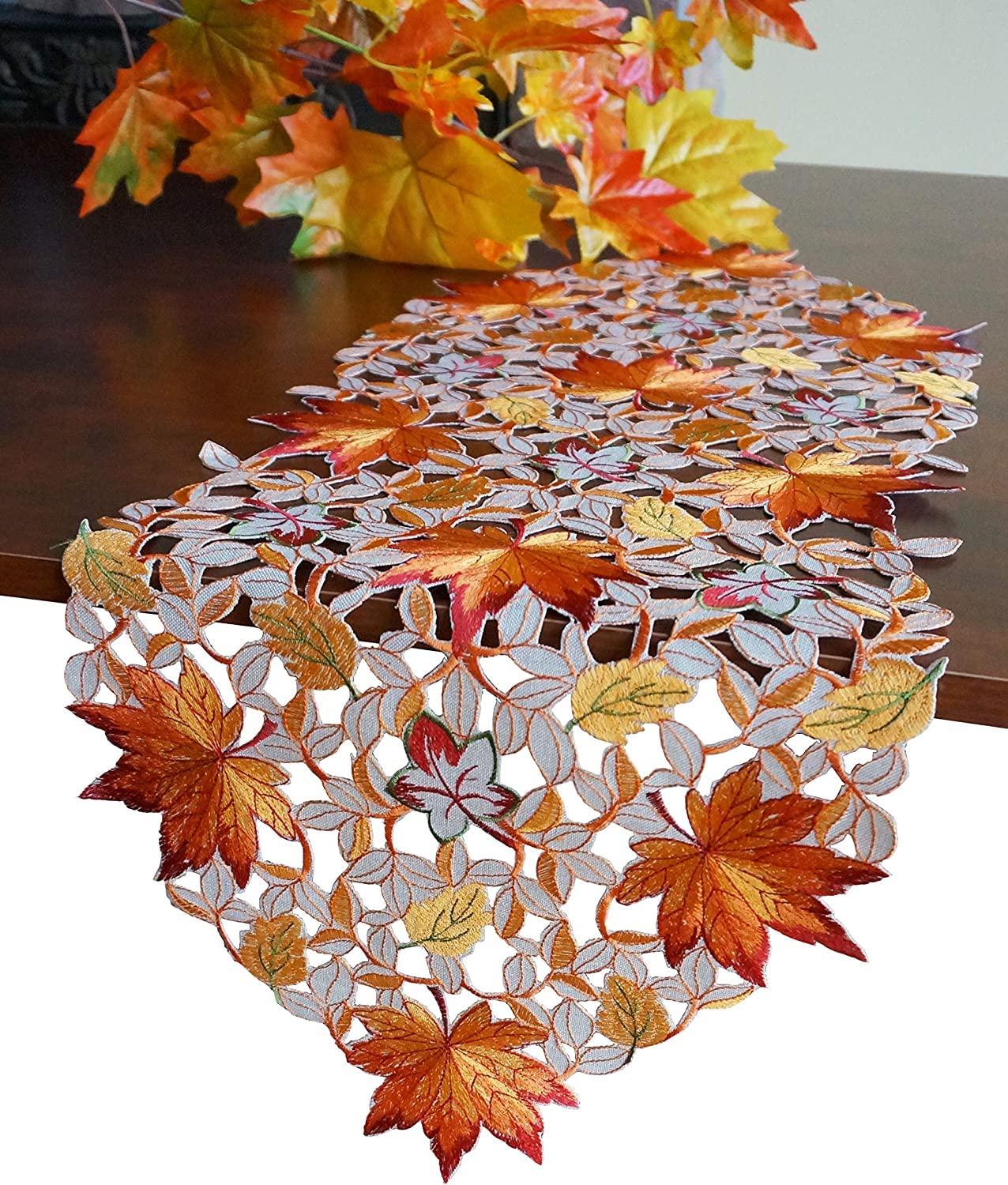 GRANDDECO Thanksgiving Harvest Table Runner Embroidered Cutwork Maple Leaves Dresser Scarf Table Cover Autumn Or Fall Decorations (Table Runner 13"x34")