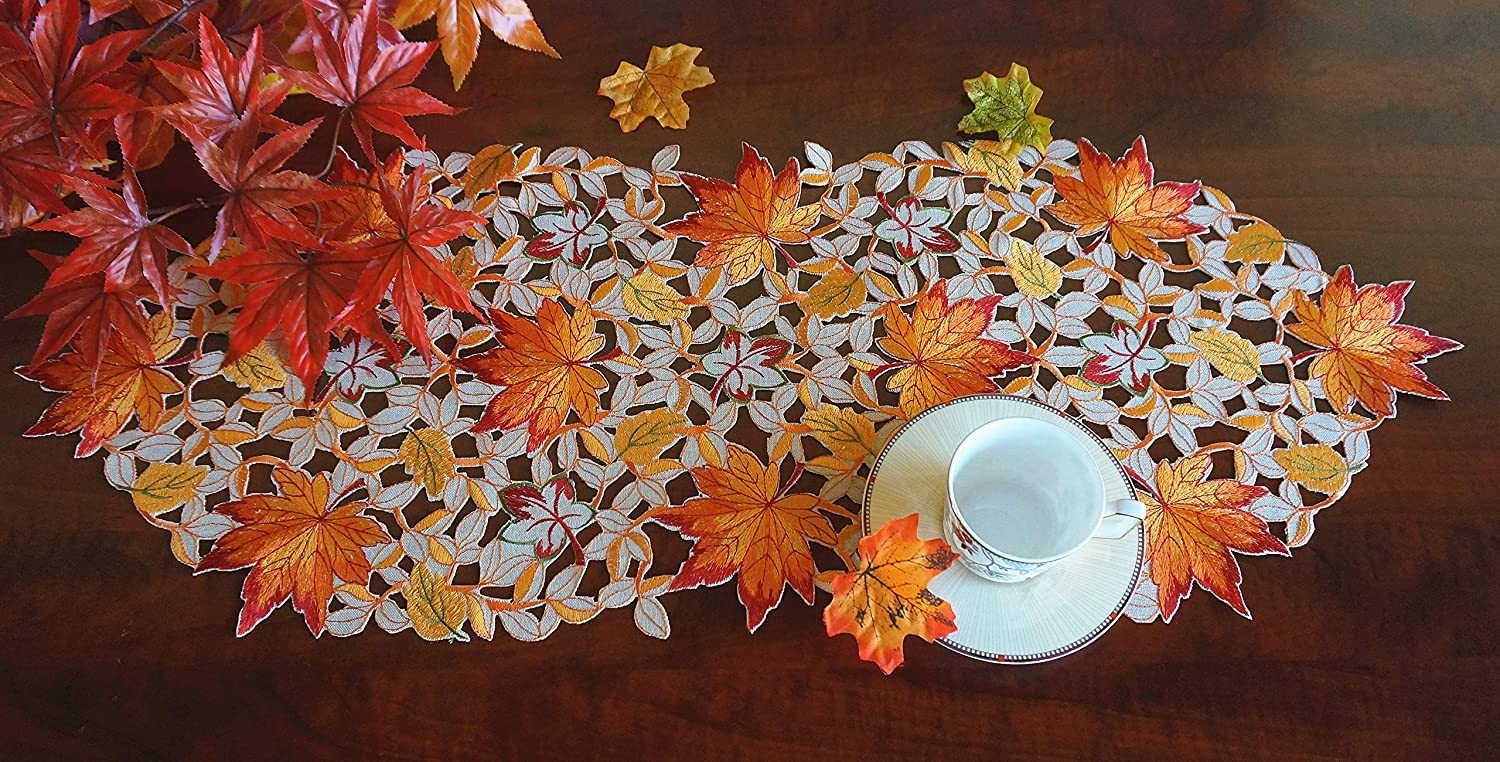 GRANDDECO Thanksgiving Harvest Table Runner Embroidered Cutwork Maple Leaves Dresser Scarf Table Cover Autumn Or Fall Decorations (Table Runner 13"x34")