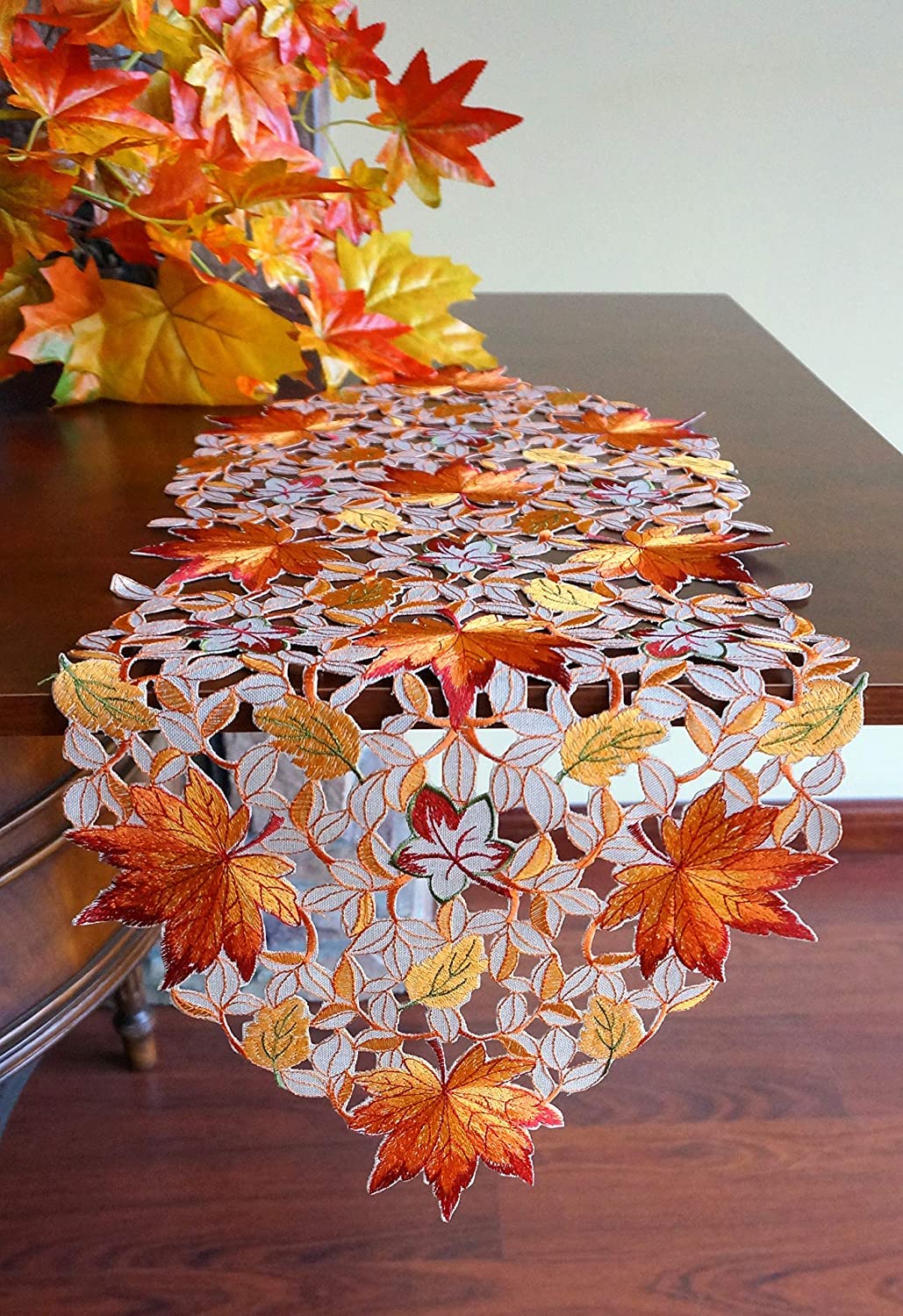 GRANDDECO Thanksgiving Harvest Table Runner Embroidered Cutwork Maple Leaves Dresser Scarf Table Cover Autumn Or Fall Decorations (Table Runner 13"x34")