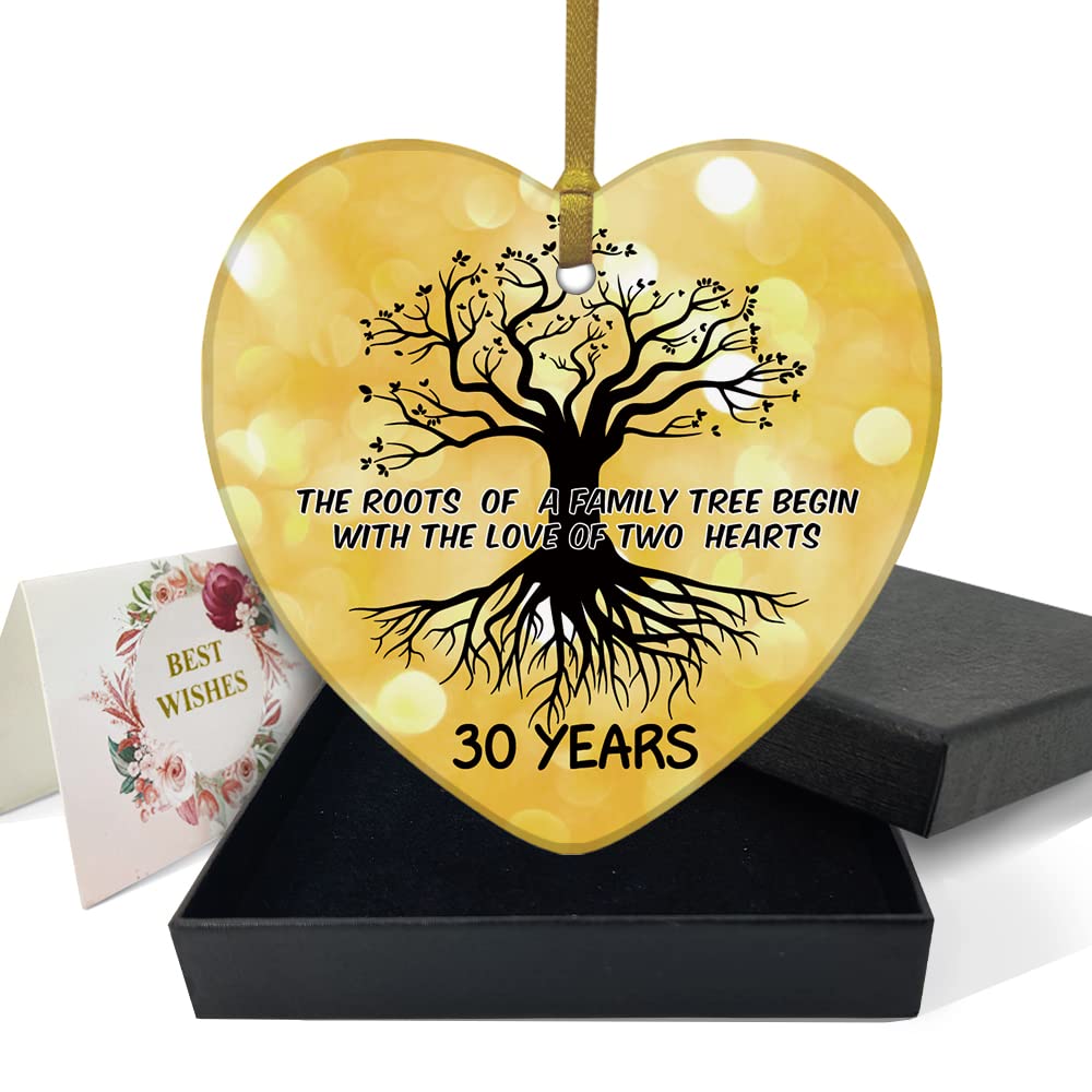 REWIDPARTY 30th Wedding Anniversary Ornament Family Tree Decoration 30 Years as Mr & Mrs Heart Keepsake Married Anniversary for Couple Gifts 3" Heart Ceramic Ornament with Gold Ribbon & Gift Box