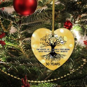 REWIDPARTY 30th Wedding Anniversary Ornament Family Tree Decoration 30 Years as Mr & Mrs Heart Keepsake Married Anniversary for Couple Gifts 3" Heart Ceramic Ornament with Gold Ribbon & Gift Box