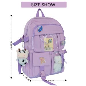 Stylifeo Kawaii Backpack with Cute Bear Plush Kawaii Pin Accessories Large Capacity Aesthetic School Bags Cute Bookbag for Girls Teen(Purple)