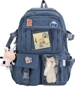 stylifeo kawaii backpack with cute bear plush kawaii pin accessories large capacity aesthetic school bags cute bookbag for girls teen(blue)