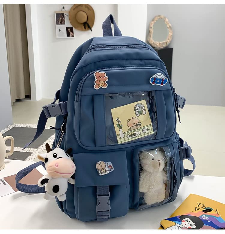 Stylifeo Kawaii Backpack with Cute Bear Plush Kawaii Pin Accessories Large Capacity Aesthetic School Bags Cute Bookbag for Girls Teen(Blue)