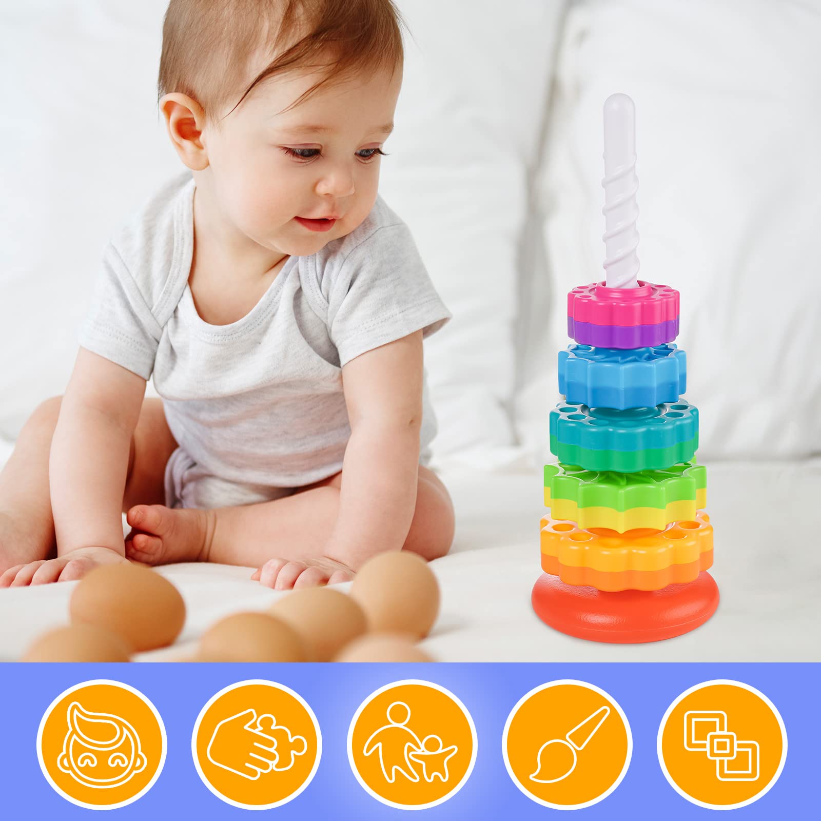 NiToy Spinning Stacking Toy for Kids, Rainbow Tower Dual-Color Spinning Wheels Premium Strong BPA-Free ABS Plastic Early Education Fun Learning and Engaging Brain Development Toys (Small)