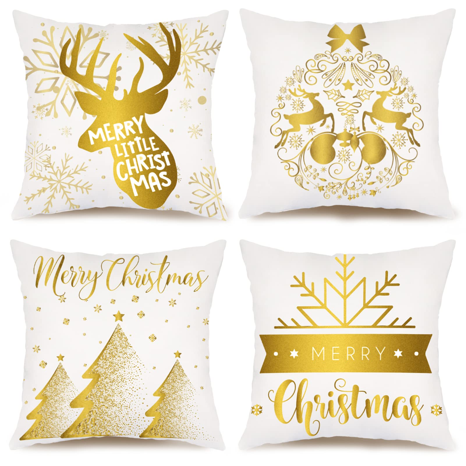 4 Pack Christmas Decorations Gold White Pillow Covers 18x18 Inch Soft Velvet Christmas Throw Pillow Covers with Christmas Tree Reindeer Snowflakes Gold Pillowcase for Christmas Winter Decorations