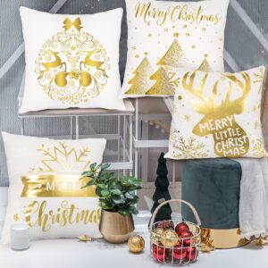 4 Pack Christmas Decorations Gold White Pillow Covers 18x18 Inch Soft Velvet Christmas Throw Pillow Covers with Christmas Tree Reindeer Snowflakes Gold Pillowcase for Christmas Winter Decorations