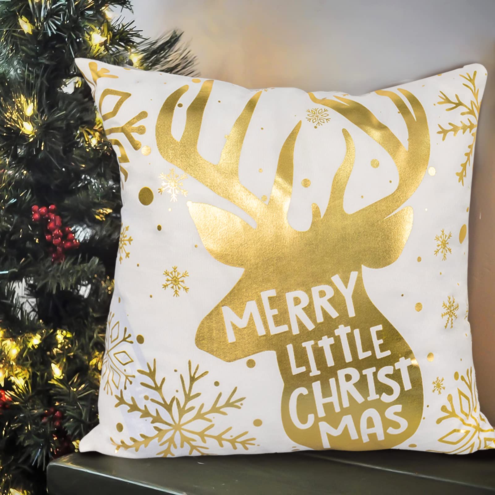 4 Pack Christmas Decorations Gold White Pillow Covers 18x18 Inch Soft Velvet Christmas Throw Pillow Covers with Christmas Tree Reindeer Snowflakes Gold Pillowcase for Christmas Winter Decorations