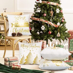 4 Pack Christmas Decorations Gold White Pillow Covers 18x18 Inch Soft Velvet Christmas Throw Pillow Covers with Christmas Tree Reindeer Snowflakes Gold Pillowcase for Christmas Winter Decorations