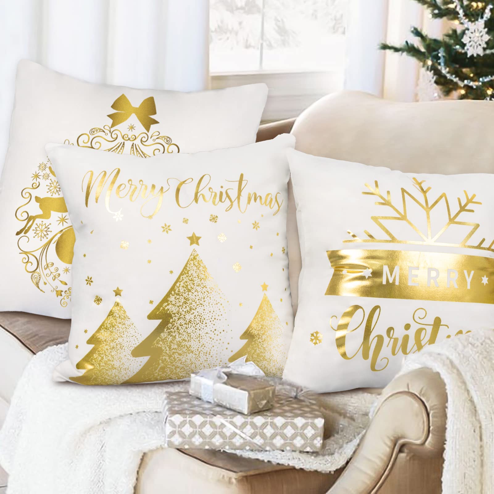 4 Pack Christmas Decorations Gold White Pillow Covers 18x18 Inch Soft Velvet Christmas Throw Pillow Covers with Christmas Tree Reindeer Snowflakes Gold Pillowcase for Christmas Winter Decorations