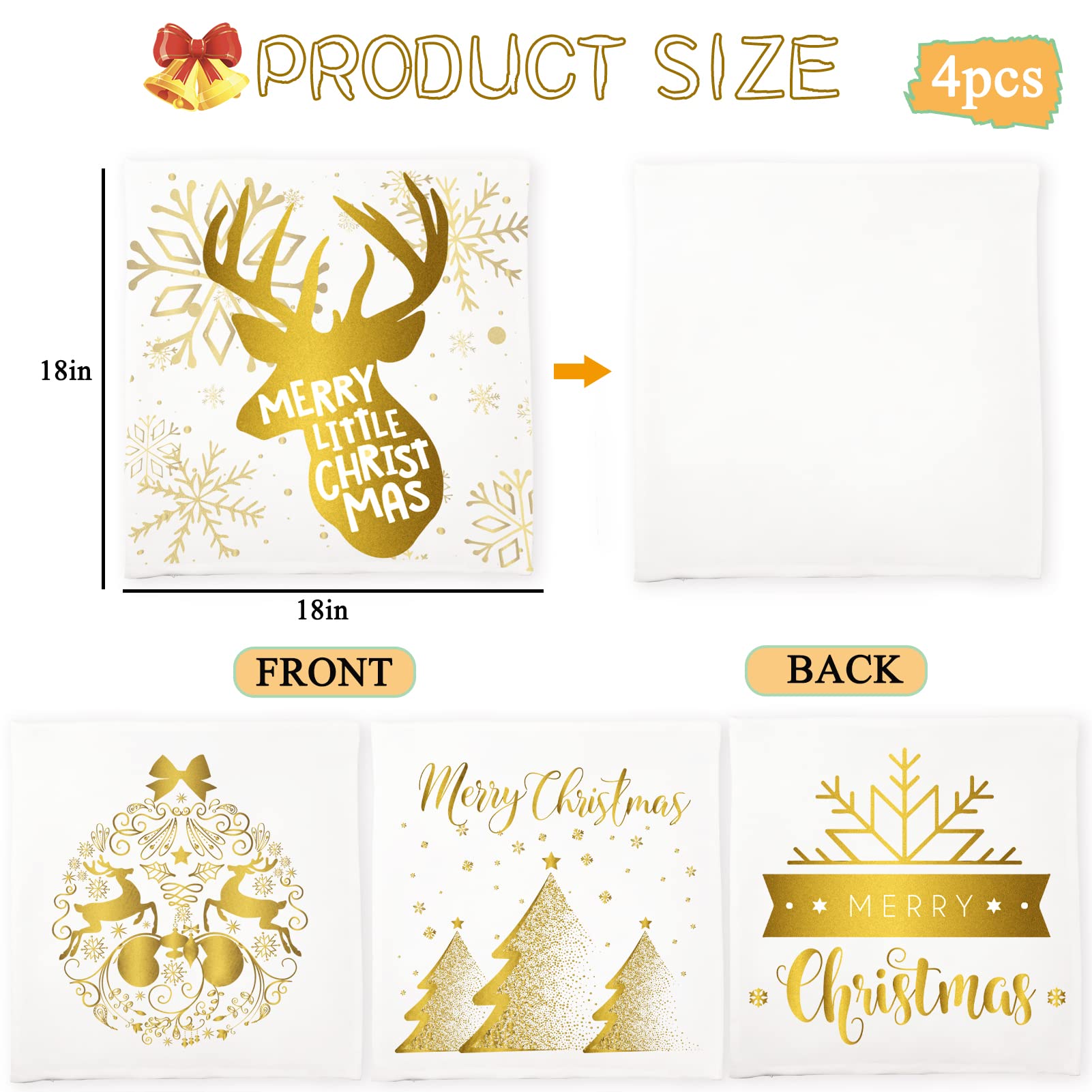 4 Pack Christmas Decorations Gold White Pillow Covers 18x18 Inch Soft Velvet Christmas Throw Pillow Covers with Christmas Tree Reindeer Snowflakes Gold Pillowcase for Christmas Winter Decorations