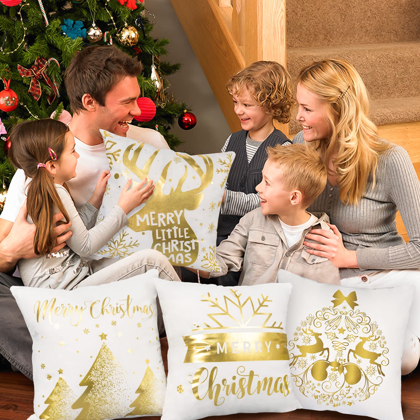 4 Pack Christmas Decorations Gold White Pillow Covers 18x18 Inch Soft Velvet Christmas Throw Pillow Covers with Christmas Tree Reindeer Snowflakes Gold Pillowcase for Christmas Winter Decorations