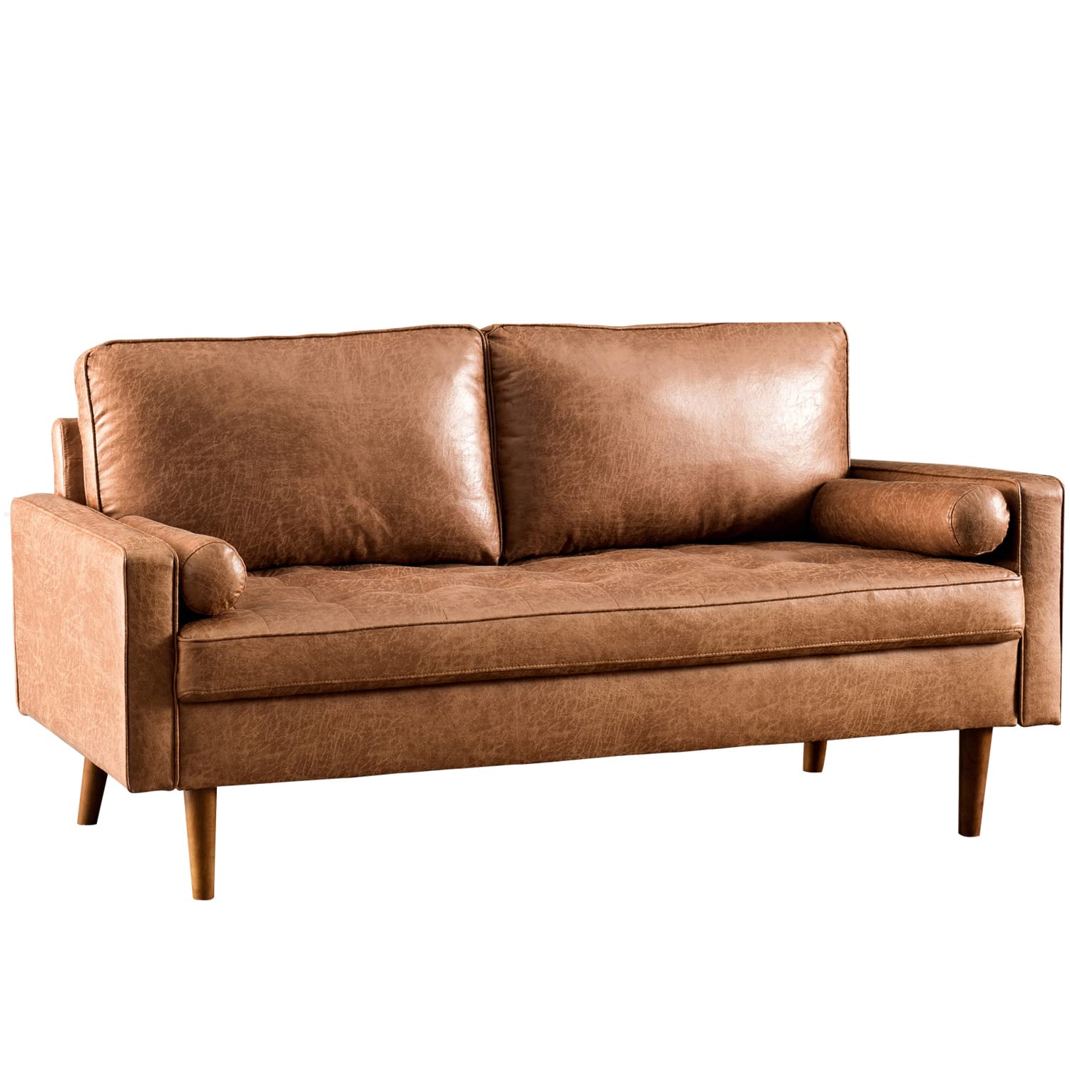 ovios Mid Century Modern Loveseat, 70" Suede Leather Sofa Couch with Comfy Upholstered Cushions, 2 Seater Rivet Tufted Sofas with Deep Seat for Living Room, Bedrooms, Apartment, Brown