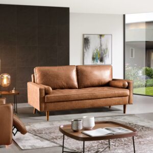 ovios mid century modern loveseat, 70" suede leather sofa couch with comfy upholstered cushions, 2 seater rivet tufted sofas with deep seat for living room, bedrooms, apartment, brown