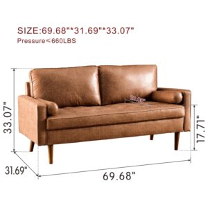 ovios Mid Century Modern Loveseat, 70" Suede Leather Sofa Couch with Comfy Upholstered Cushions, 2 Seater Rivet Tufted Sofas with Deep Seat for Living Room, Bedrooms, Apartment, Brown