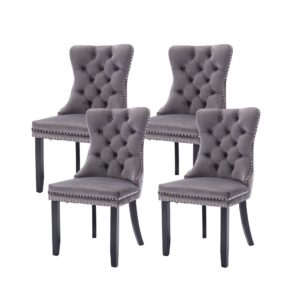 Virabit Tufted Dining Chairs Set of 4, Velvet Upholstered Dining Chairs with Nailhead Back and Ring Pull Trim, Solid Wood Dining Chairs for Kitchen/Bedroom/Dining Room (Grey)