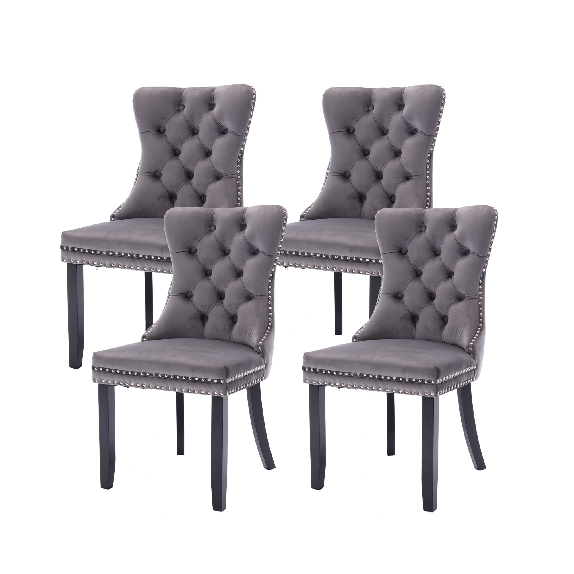 Virabit Tufted Dining Chairs Set of 4, Velvet Upholstered Dining Chairs with Nailhead Back and Ring Pull Trim, Solid Wood Dining Chairs for Kitchen/Bedroom/Dining Room (Grey)