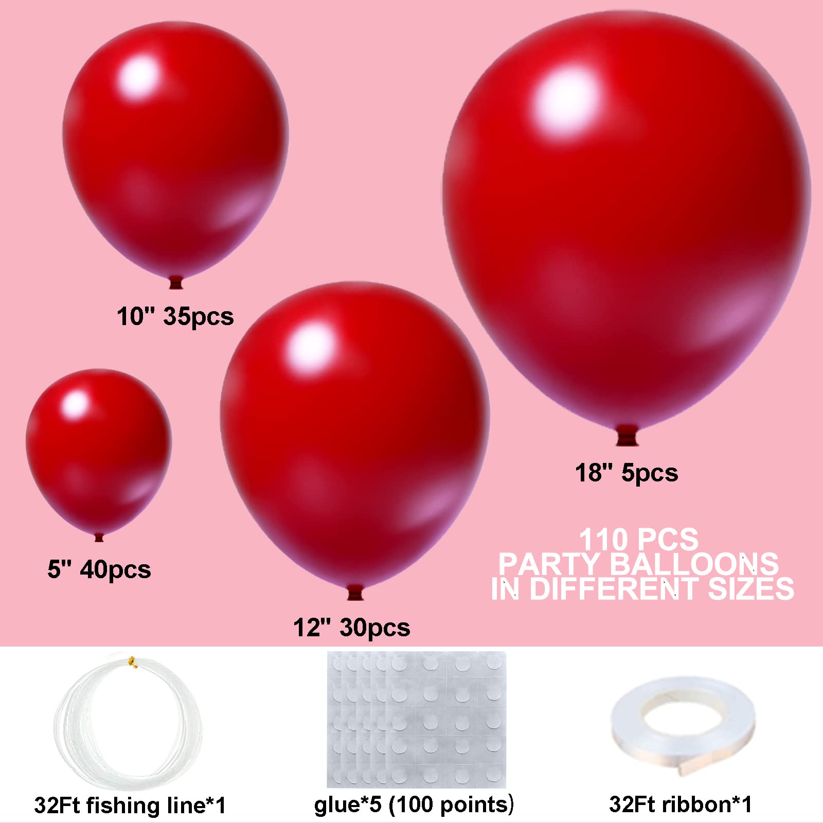 Red Balloons 110Pcs Red Balloon Garland Arch Kit 5/10/12/18 Inch Matte Latex Red Balloons Different Sizes as Birthday Balloons Wedding Valentine’s Day Balloons Christmas Balloons Party Decorations