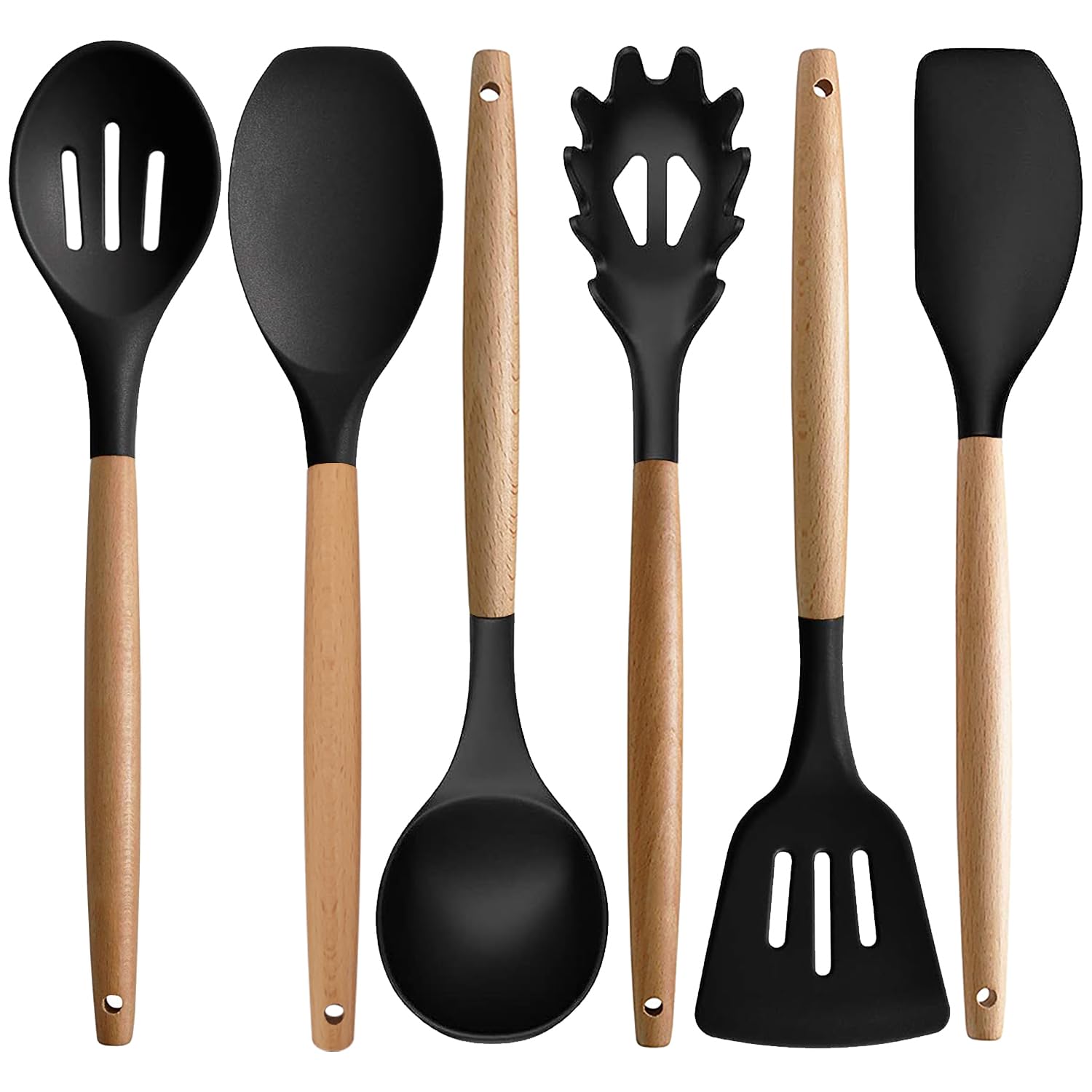 IOCBYHZ Silicone Kitchen Utensils Set of 6, Cooking Utensils Set with Heat Resistant Wooden Handle, Nonstick Silicone Spatula Spoon Turner Ladle Set, Silicone Kitchen Gadgets Utensil Set for Cookware