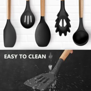 IOCBYHZ Silicone Kitchen Utensils Set of 6, Cooking Utensils Set with Heat Resistant Wooden Handle, Nonstick Silicone Spatula Spoon Turner Ladle Set, Silicone Kitchen Gadgets Utensil Set for Cookware