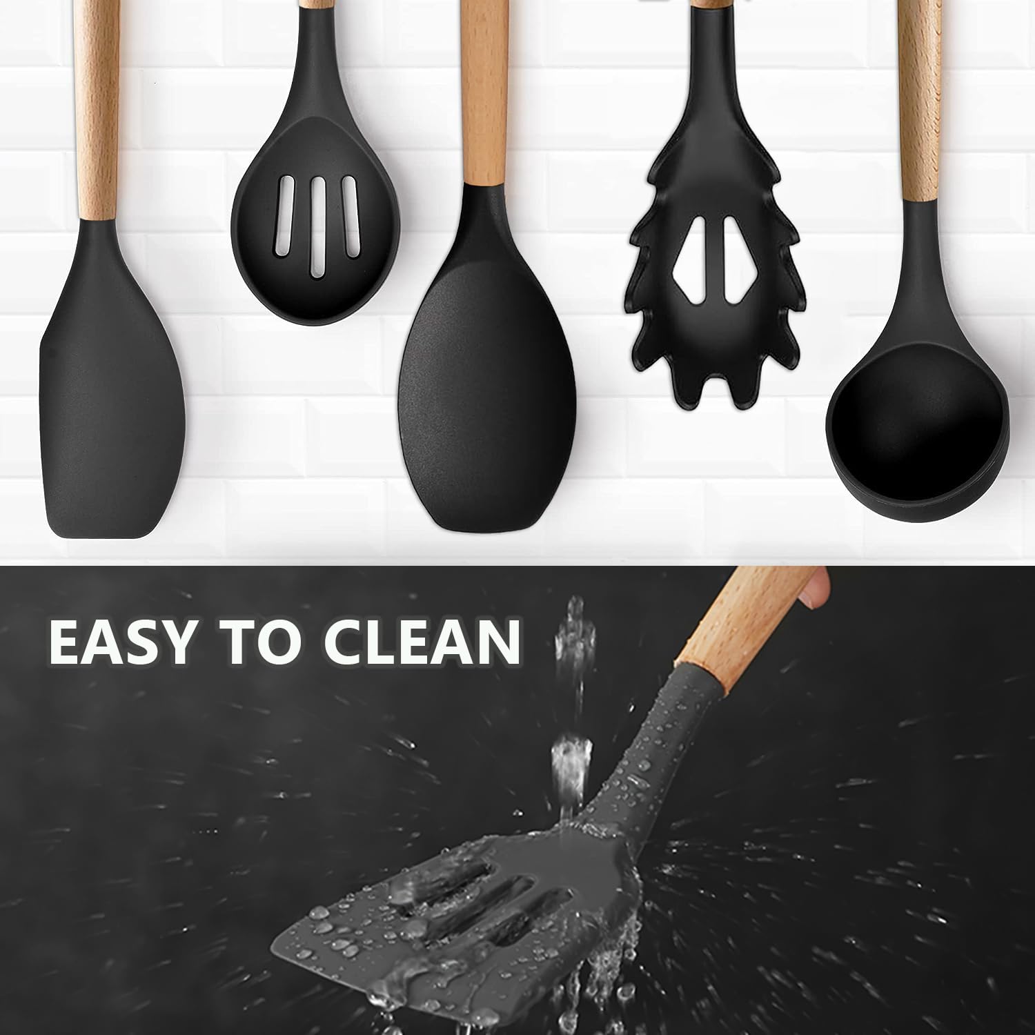 IOCBYHZ Silicone Kitchen Utensils Set of 6, Cooking Utensils Set with Heat Resistant Wooden Handle, Nonstick Silicone Spatula Spoon Turner Ladle Set, Silicone Kitchen Gadgets Utensil Set for Cookware