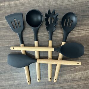 IOCBYHZ Silicone Kitchen Utensils Set of 6, Cooking Utensils Set with Heat Resistant Wooden Handle, Nonstick Silicone Spatula Spoon Turner Ladle Set, Silicone Kitchen Gadgets Utensil Set for Cookware