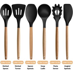 IOCBYHZ Silicone Kitchen Utensils Set of 6, Cooking Utensils Set with Heat Resistant Wooden Handle, Nonstick Silicone Spatula Spoon Turner Ladle Set, Silicone Kitchen Gadgets Utensil Set for Cookware