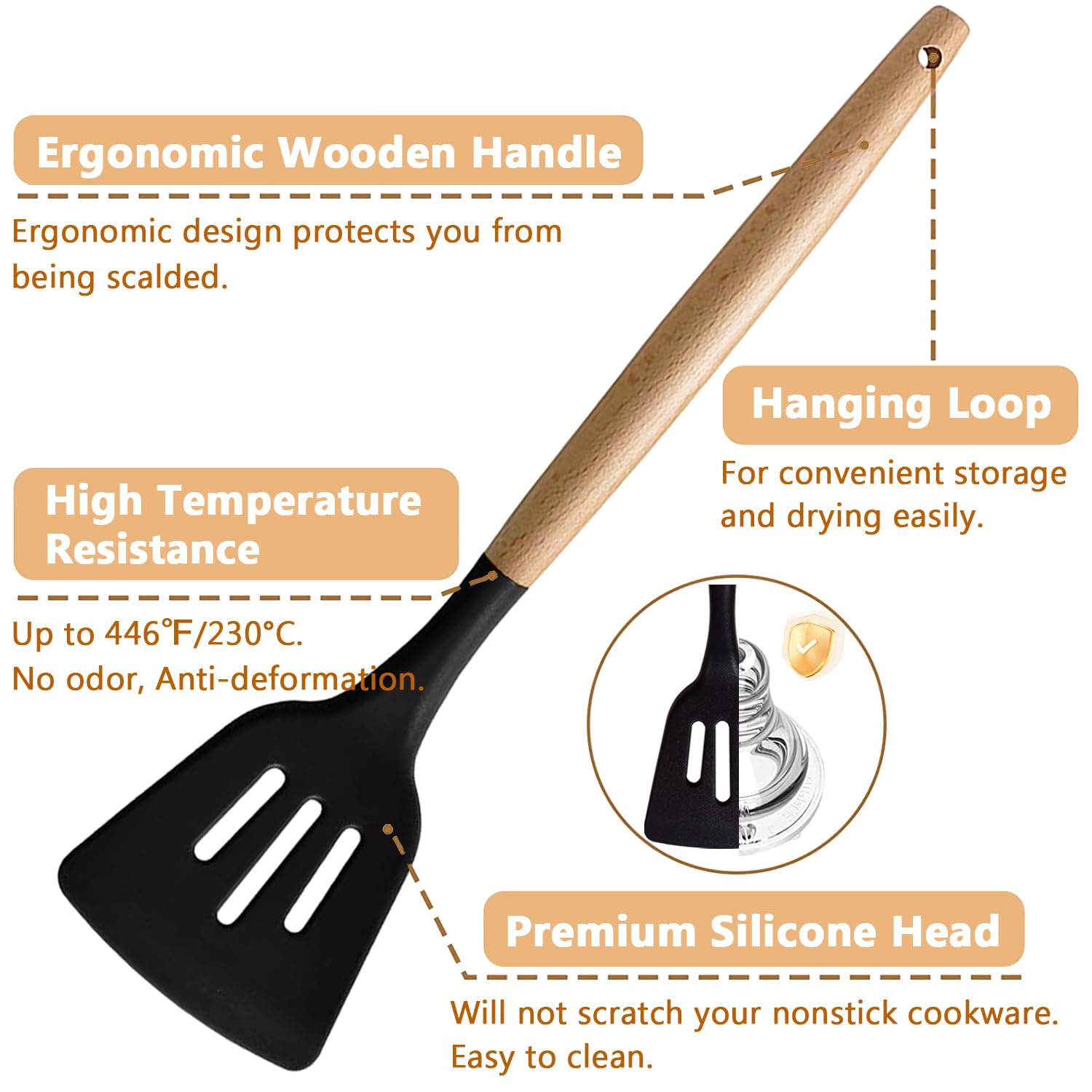 IOCBYHZ Silicone Kitchen Utensils Set of 6, Cooking Utensils Set with Heat Resistant Wooden Handle, Nonstick Silicone Spatula Spoon Turner Ladle Set, Silicone Kitchen Gadgets Utensil Set for Cookware