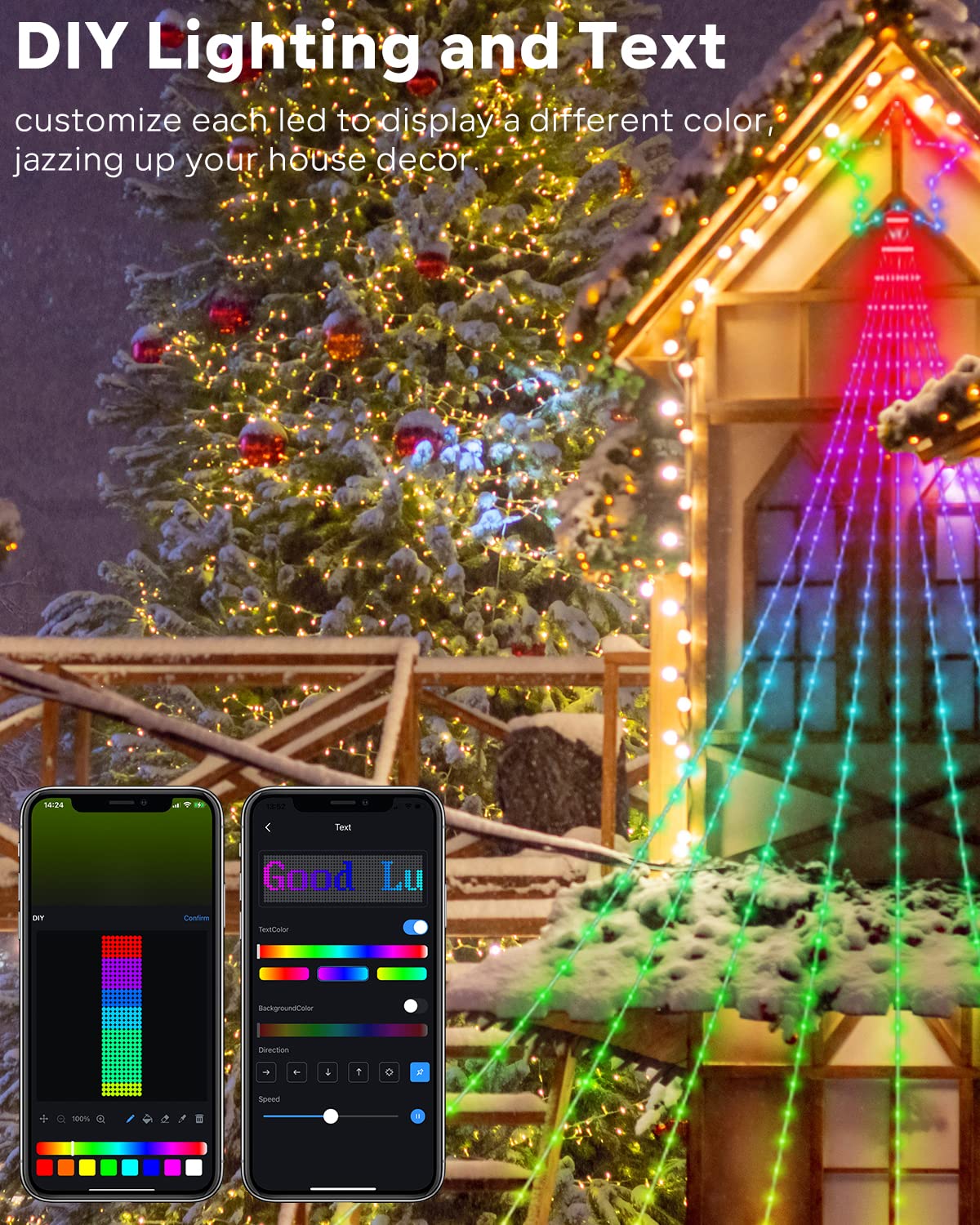 Outdoor Yard Tree Decorations Lights, Smart DIY Custom Display 11.8Ft 64 Modes Yard Waterfall Christmas Tree String Lights App Control 344LED RGB Color Changing Music Timer for Xmas Outside