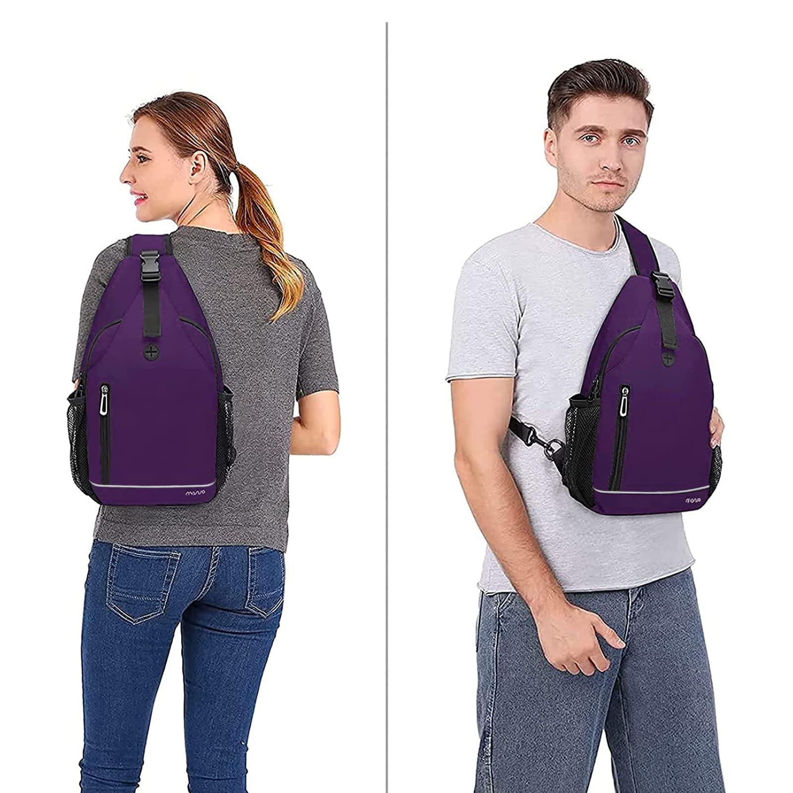 MOSISO Sling Backpack,Multipurpose Travel Hiking Daypack Rope Crossbody Shoulder Bag with Front Buckle Pouch&Reflective Strip, Purple