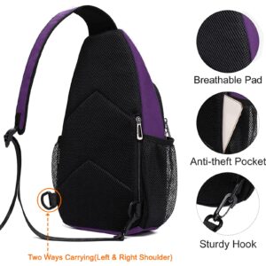 MOSISO Sling Backpack,Multipurpose Travel Hiking Daypack Rope Crossbody Shoulder Bag with Front Buckle Pouch&Reflective Strip, Purple