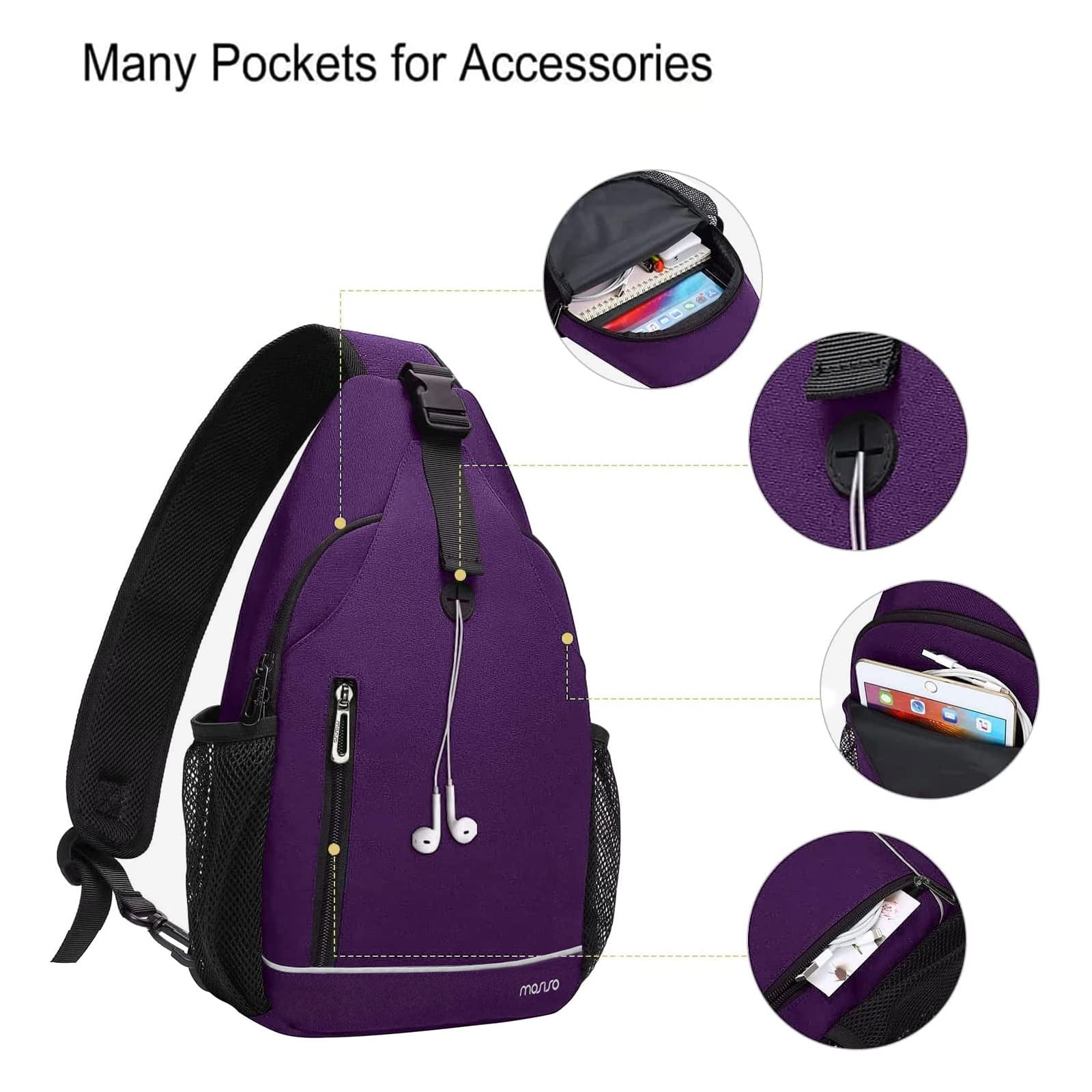 MOSISO Sling Backpack,Multipurpose Travel Hiking Daypack Rope Crossbody Shoulder Bag with Front Buckle Pouch&Reflective Strip, Purple