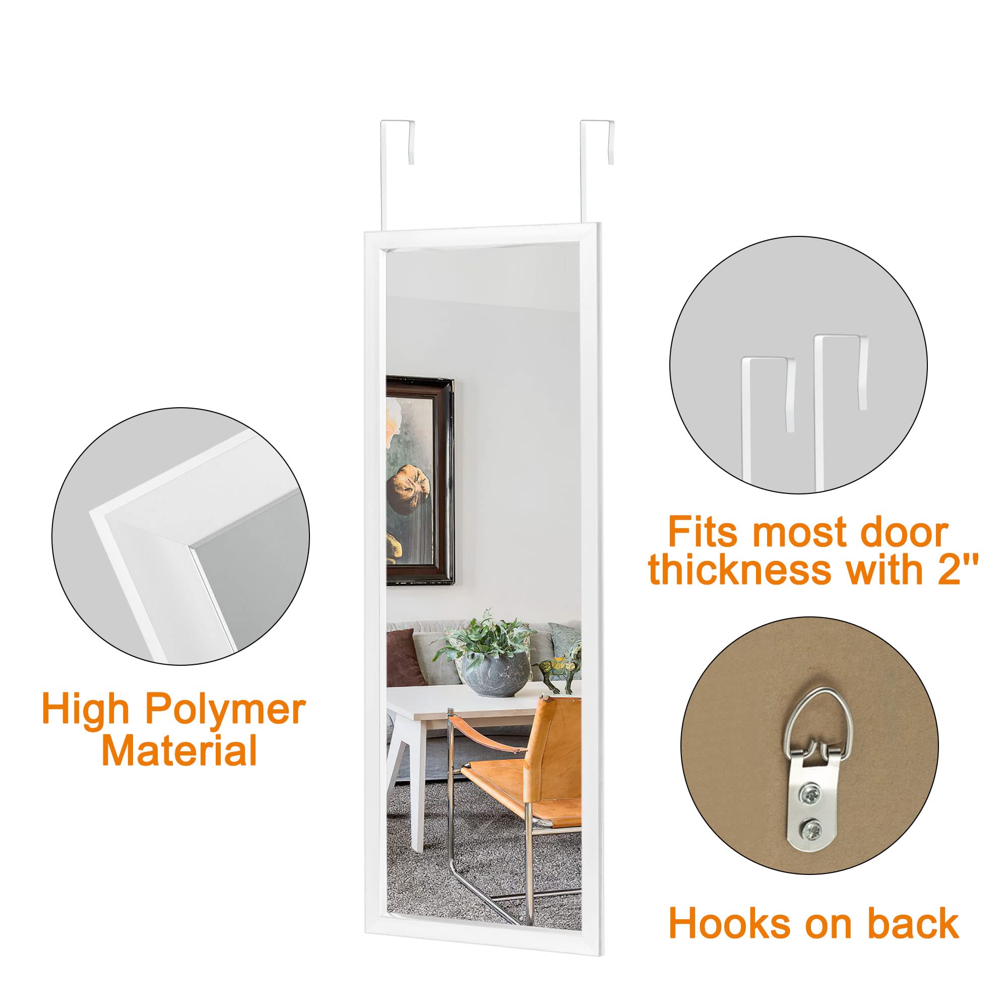 NeuType 43"x18" Over The Door Full Length Mirror, Door Wall Mirror, Wall Mount Over The Door Hanging Mirror with 2 Metal Hangers for Wall Bedroom, Bathroom, Living Room, Home Decoration (White)