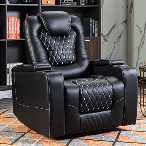 ANJ Power Recliner Chair with USB Ports and Cup Holders - Overstuffed Electric Home Theater Seating PU Leather Reclining Furniture with Hidden Arm Storage, Easy to Clean (Black)