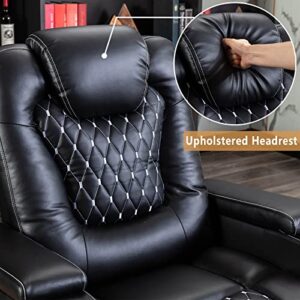 ANJ Power Recliner Chair with USB Ports and Cup Holders - Overstuffed Electric Home Theater Seating PU Leather Reclining Furniture with Hidden Arm Storage, Easy to Clean (Black)