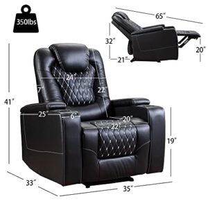 ANJ Power Recliner Chair with USB Ports and Cup Holders - Overstuffed Electric Home Theater Seating PU Leather Reclining Furniture with Hidden Arm Storage, Easy to Clean (Black)