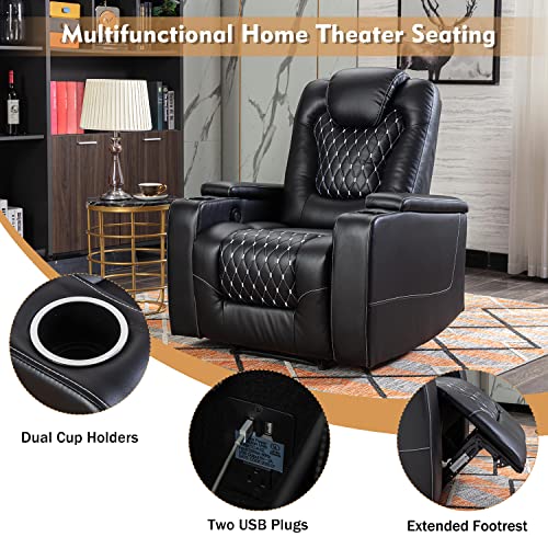 ANJ Power Recliner Chair with USB Ports and Cup Holders - Overstuffed Electric Home Theater Seating PU Leather Reclining Furniture with Hidden Arm Storage, Easy to Clean (Black)