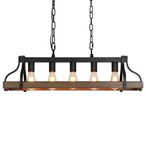 MEIXISUE Rustic Kitchen Island Dining Room Light Fixture Farmhouse Linear Chandelier Black and Retro Wood Finish 5-Light Industrial Metal Hanging Pendant Light UL Listed L33.5 W10.6