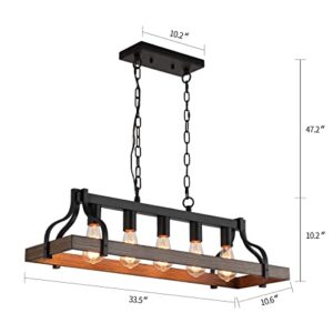 MEIXISUE Rustic Kitchen Island Dining Room Light Fixture Farmhouse Linear Chandelier Black and Retro Wood Finish 5-Light Industrial Metal Hanging Pendant Light UL Listed L33.5 W10.6