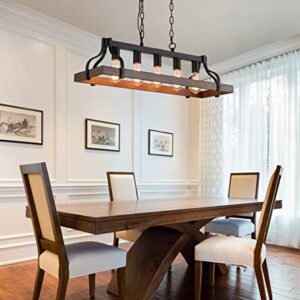 MEIXISUE Rustic Kitchen Island Dining Room Light Fixture Farmhouse Linear Chandelier Black and Retro Wood Finish 5-Light Industrial Metal Hanging Pendant Light UL Listed L33.5 W10.6