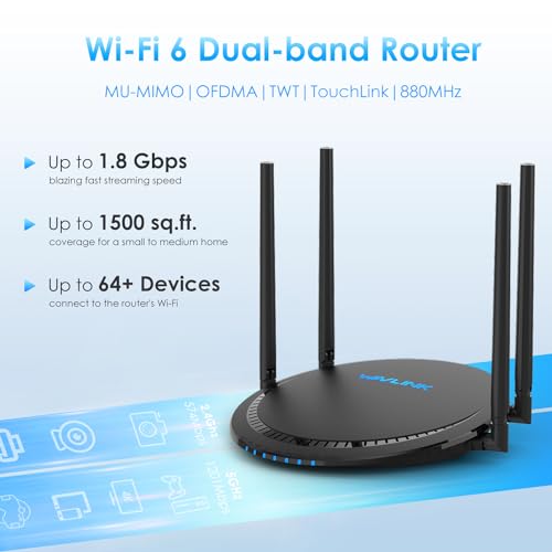 WAVLINK WiFi 6 Router,AX1800 Wireless Router, Dual Band Gigabit WiFi Internet up to 1,500 sq. ft and 64+ Devices, Router, TouchLink, Parental Control, QoS,for Home