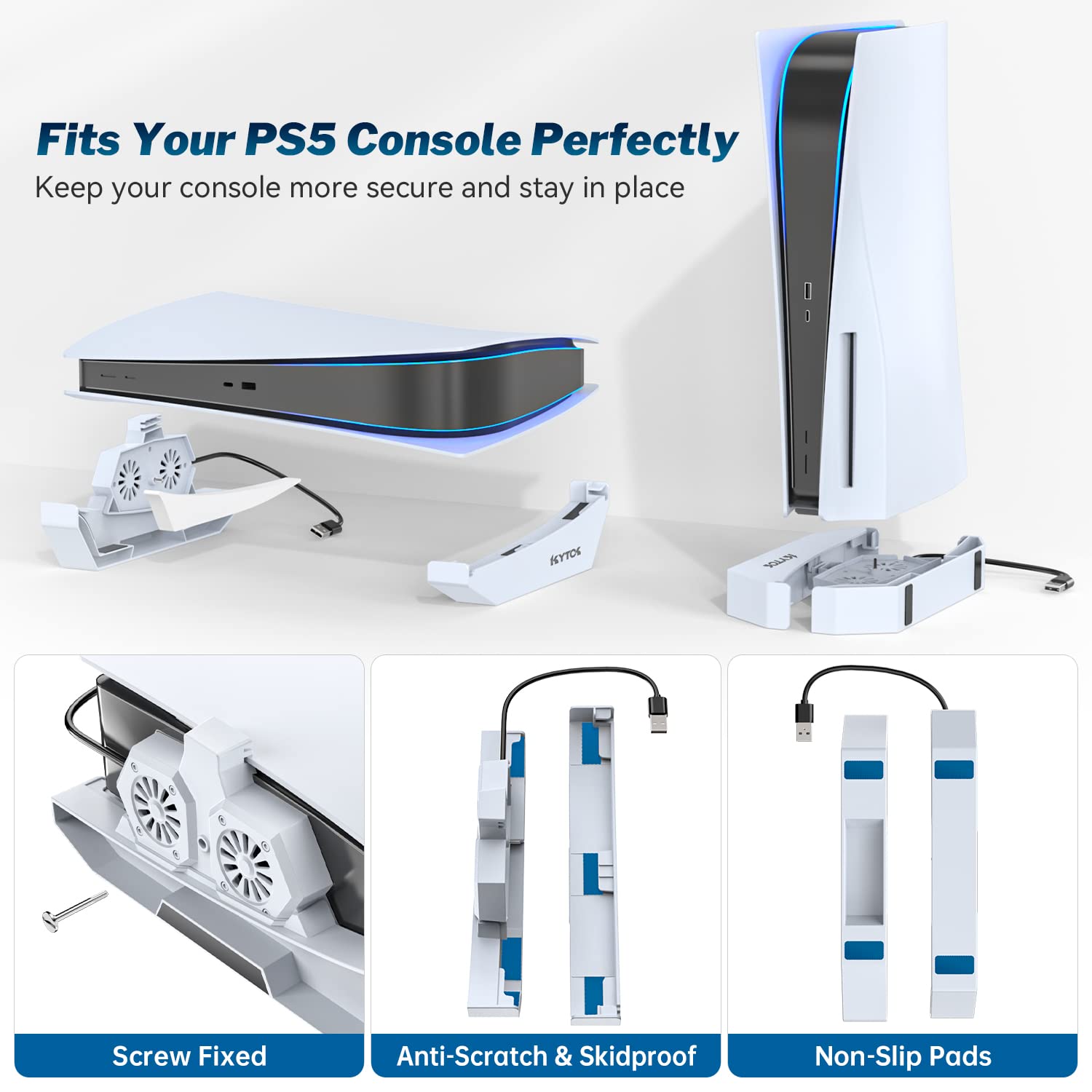 Kytok PS5 Stand & Cooling Fan for Disc & Digital Editions, Horizontal & Vertical Stand with Cooler for Playstation 5 Console