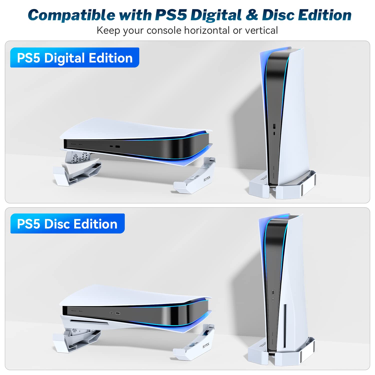 Kytok PS5 Stand & Cooling Fan for Disc & Digital Editions, Horizontal & Vertical Stand with Cooler for Playstation 5 Console