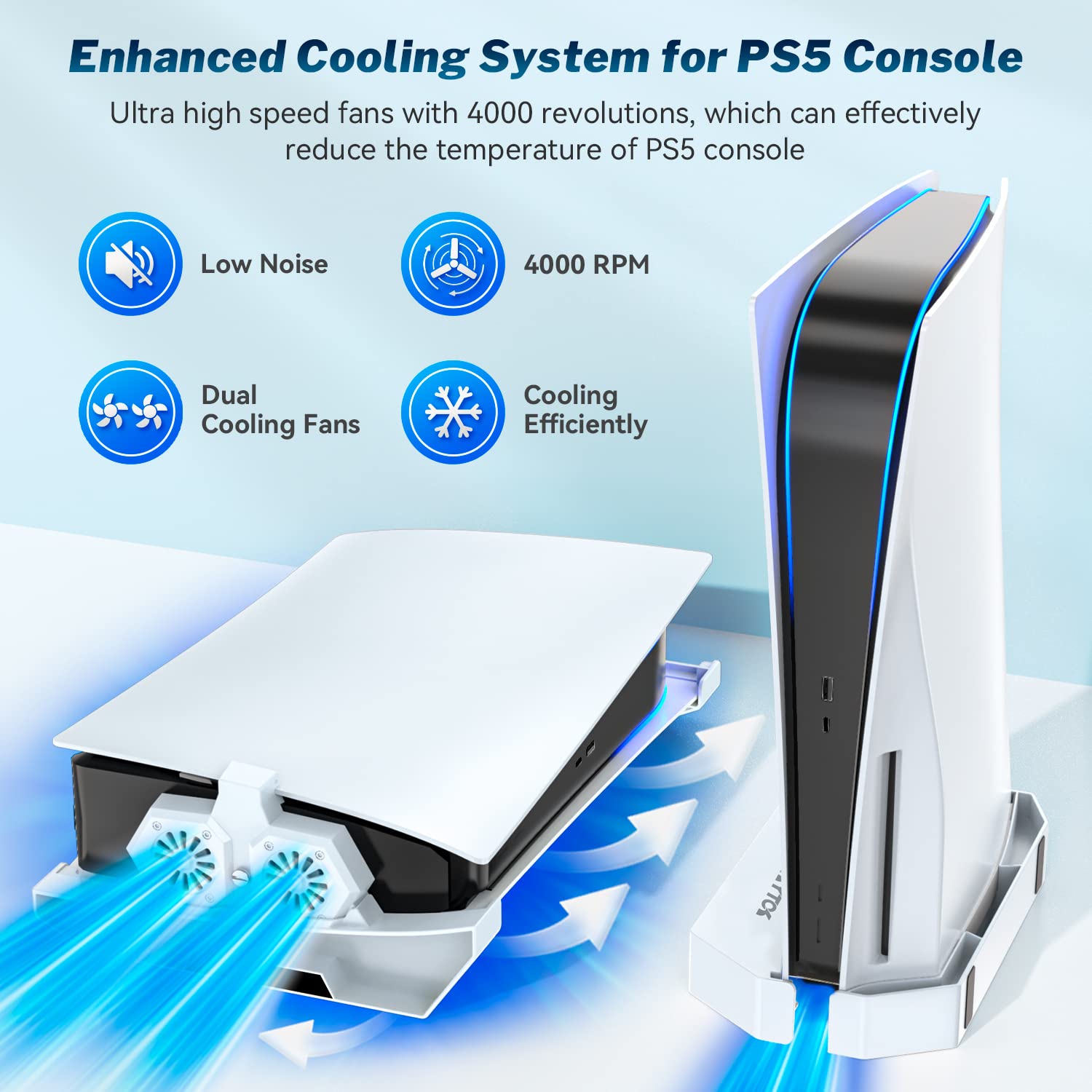 Kytok PS5 Stand & Cooling Fan for Disc & Digital Editions, Horizontal & Vertical Stand with Cooler for Playstation 5 Console