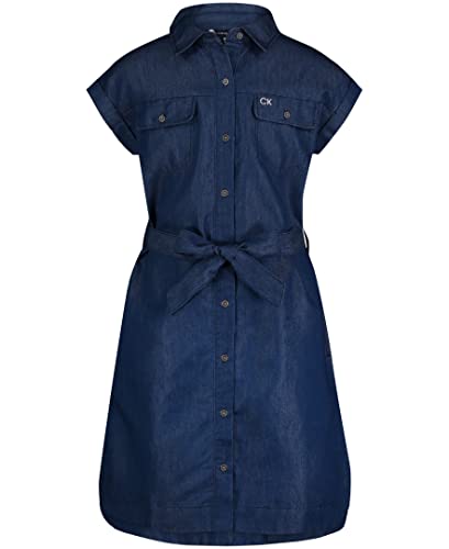 Calvin Klein Girls' Short Sleeve Denim Shirt Dress, Dark Chambray, 7